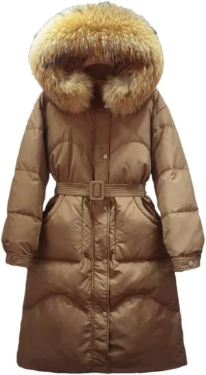 Adhdyuud Women Long Down Jacket Winter Puffer Coat With Belt Thick Warm Hooded Waterproof Parka Big