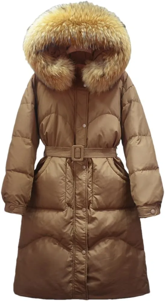 Adhdyuud Women Long Down Jacket Winter Puffer Coat With Belt Thick Warm Hooded Waterproof Parka Big