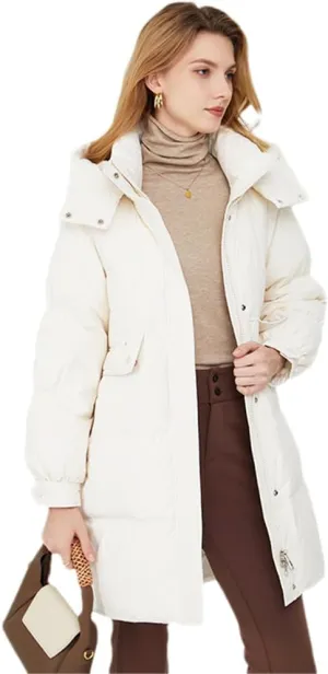 Adhdyuud Women Puffer Warm Jacket Winter Hooded Thick White Duck Down Coat Casual Waterproof Long Parkas