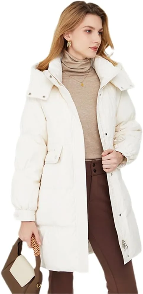 Adhdyuud Women Puffer Warm Jacket Winter Hooded Thick White Duck Down Coat Casual Waterproof Long Parkas
