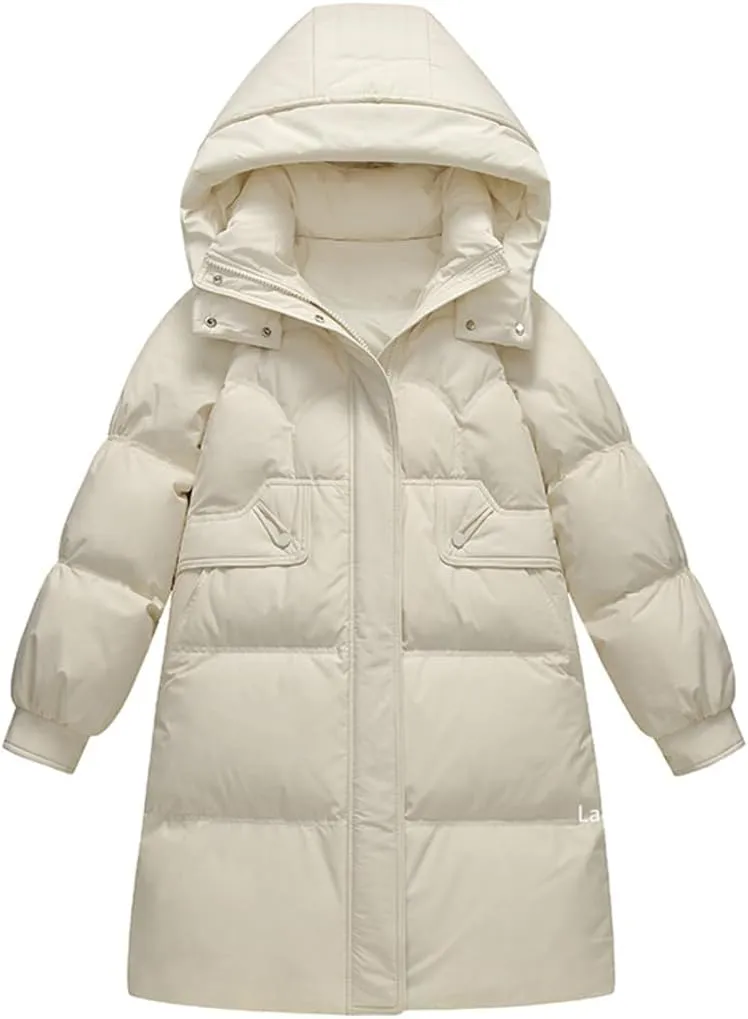 Adhdyuud Women Puffer Warm Jacket Winter Hooded Thick White Duck Down Coat Casual Waterproof Long Parkas