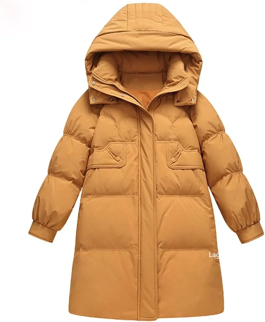 Adhdyuud Women Puffer Warm Jacket Winter Hooded Thick White Duck Down Coat Casual Waterproof Long Parkas