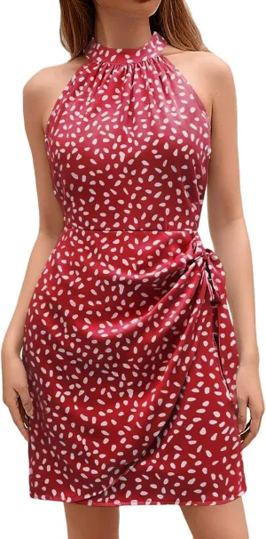 Boho Mini Dresses for Women 2025 Floral Sleeveless Halter Neck Empire Waist Semi Formal Dress Evening Cocktail Party Sundress