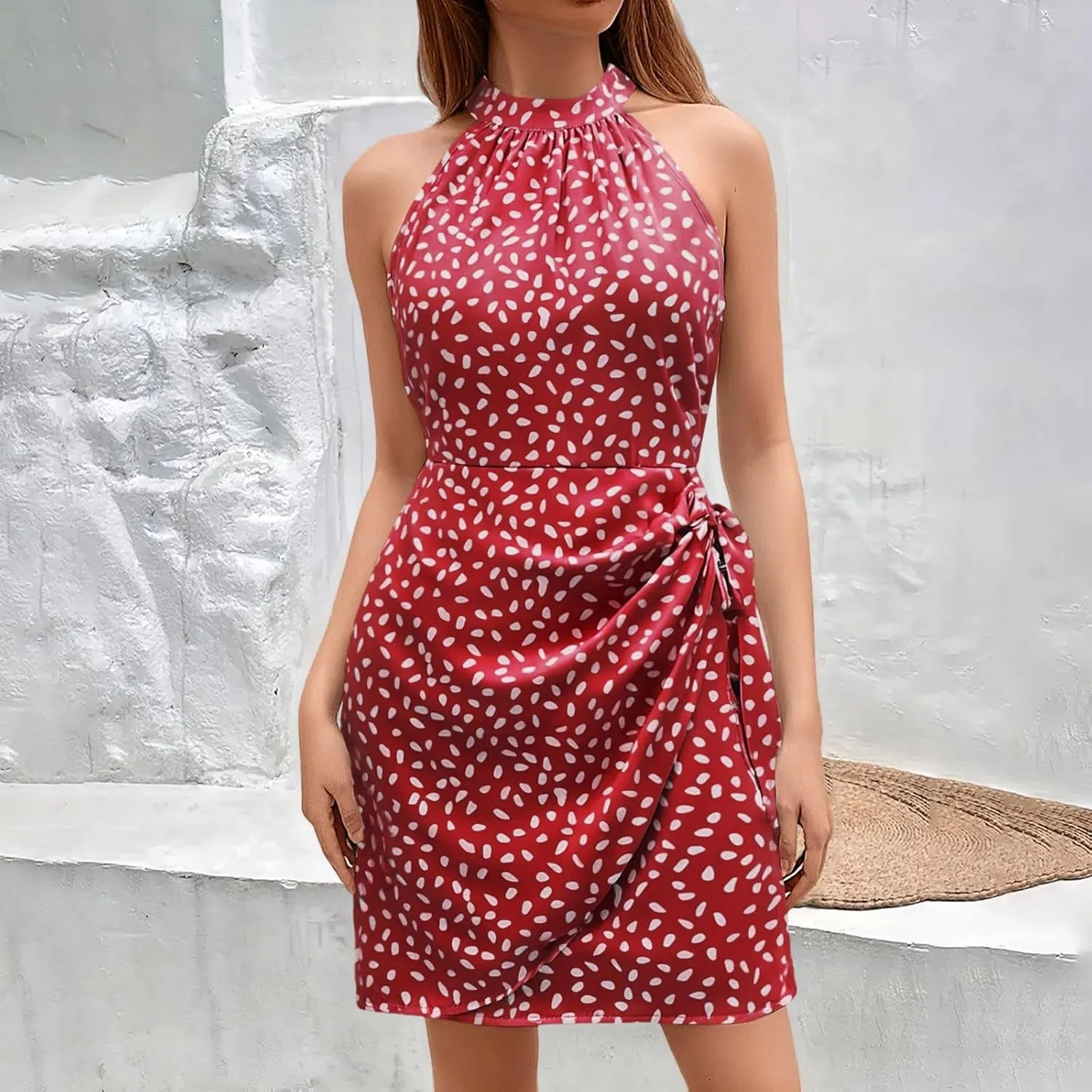 Boho Mini Dresses for Women 2025 Floral Sleeveless Halter Neck Empire Waist Semi Formal Dress Evening Cocktail Party Sundress
