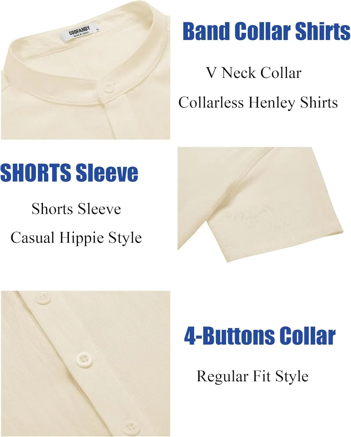COOFANDY Men's Casual Henley Shirt Short Sleeve Summer Shirts Linen Band Collar Summer Beach Hippie T-Shirts