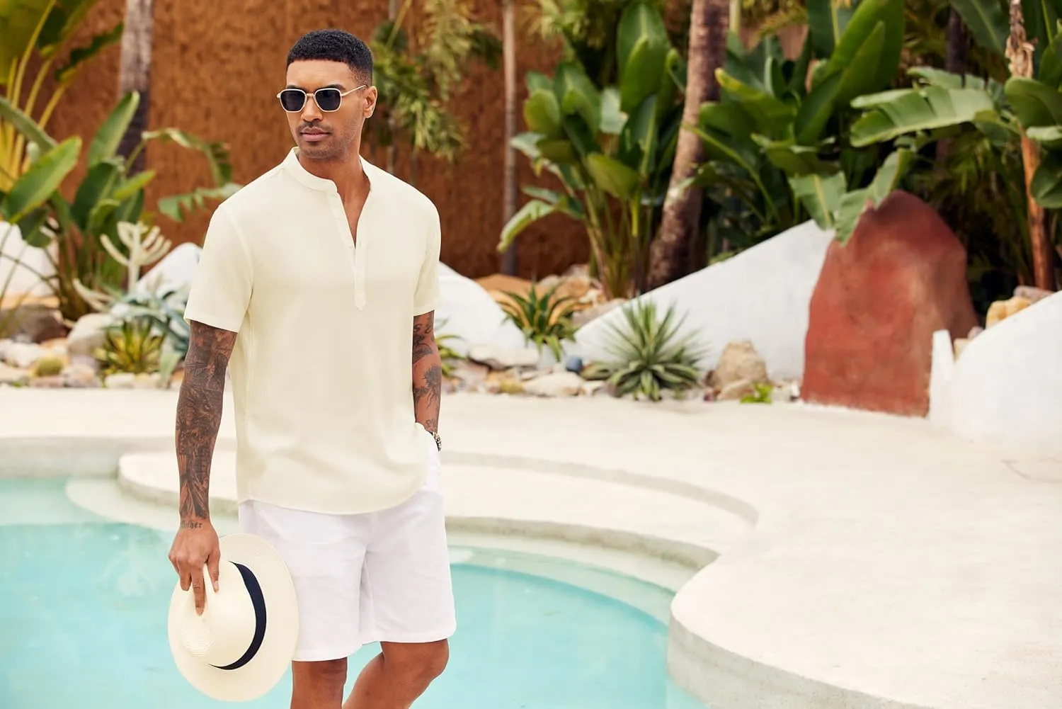 COOFANDY Men's Casual Henley Shirt Short Sleeve Summer Shirts Linen Band Collar Summer Beach Hippie T-Shirts