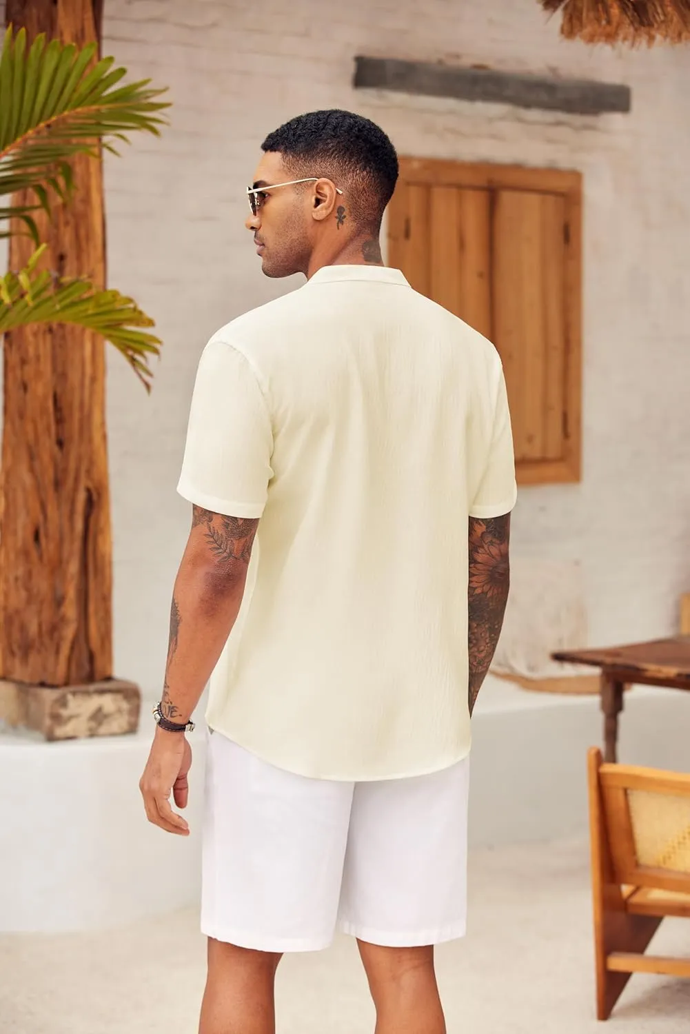 COOFANDY Men's Casual Henley Shirt Short Sleeve Summer Shirts Linen Band Collar Summer Beach Hippie T-Shirts