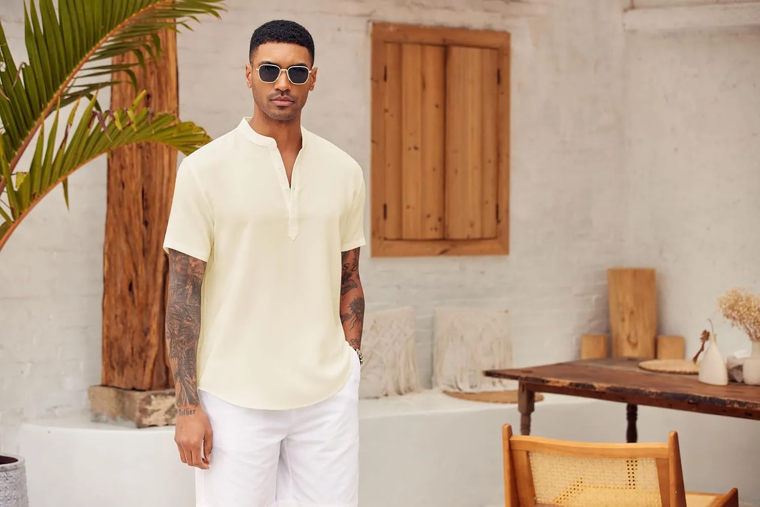 COOFANDY Men's Casual Henley Shirt Short Sleeve Summer Shirts Linen Band Collar Summer Beach Hippie T-Shirts