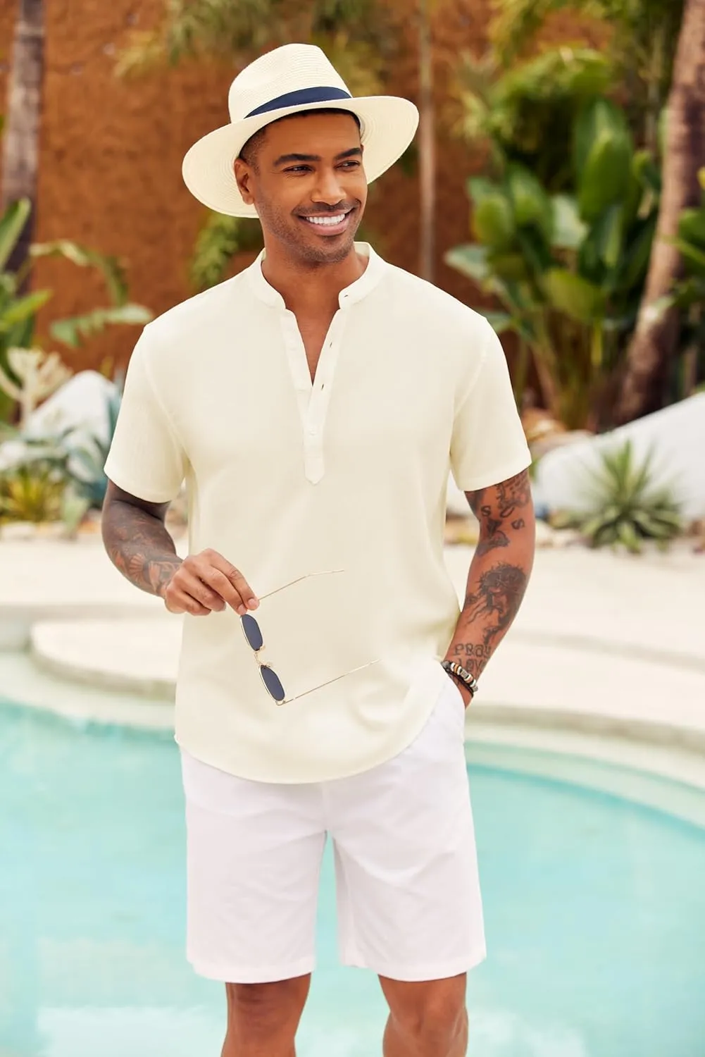 COOFANDY Men's Casual Henley Shirt Short Sleeve Summer Shirts Linen Band Collar Summer Beach Hippie T-Shirts