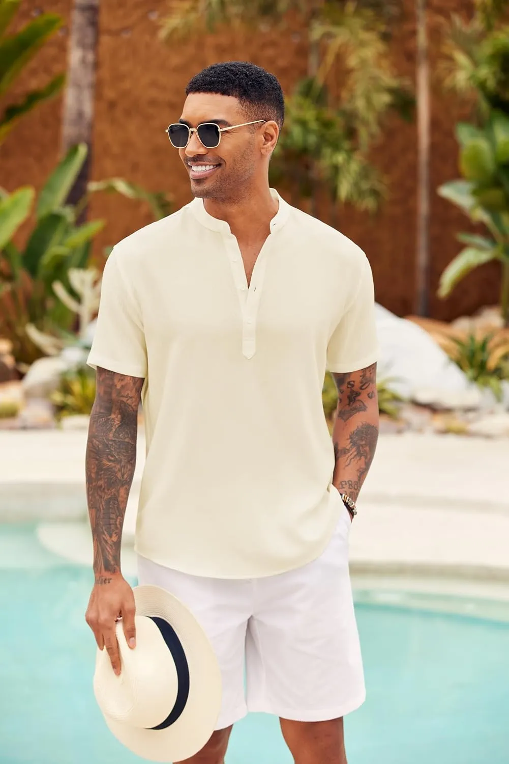 COOFANDY Men's Casual Henley Shirt Short Sleeve Summer Shirts Linen Band Collar Summer Beach Hippie T-Shirts