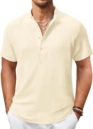 COOFANDY Men's Casual Henley Shirt Short Sleeve Summer Shirts Linen Band Collar Summer Beach Hippie T-Shirts