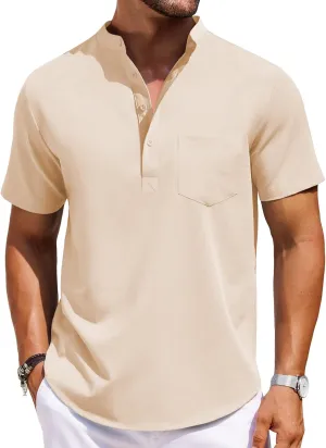 COOFANDY Mens Casual Henley Shirts Band Collar Short Sleeve T-Shirts Summer Stylish Beach Hippie Shirt