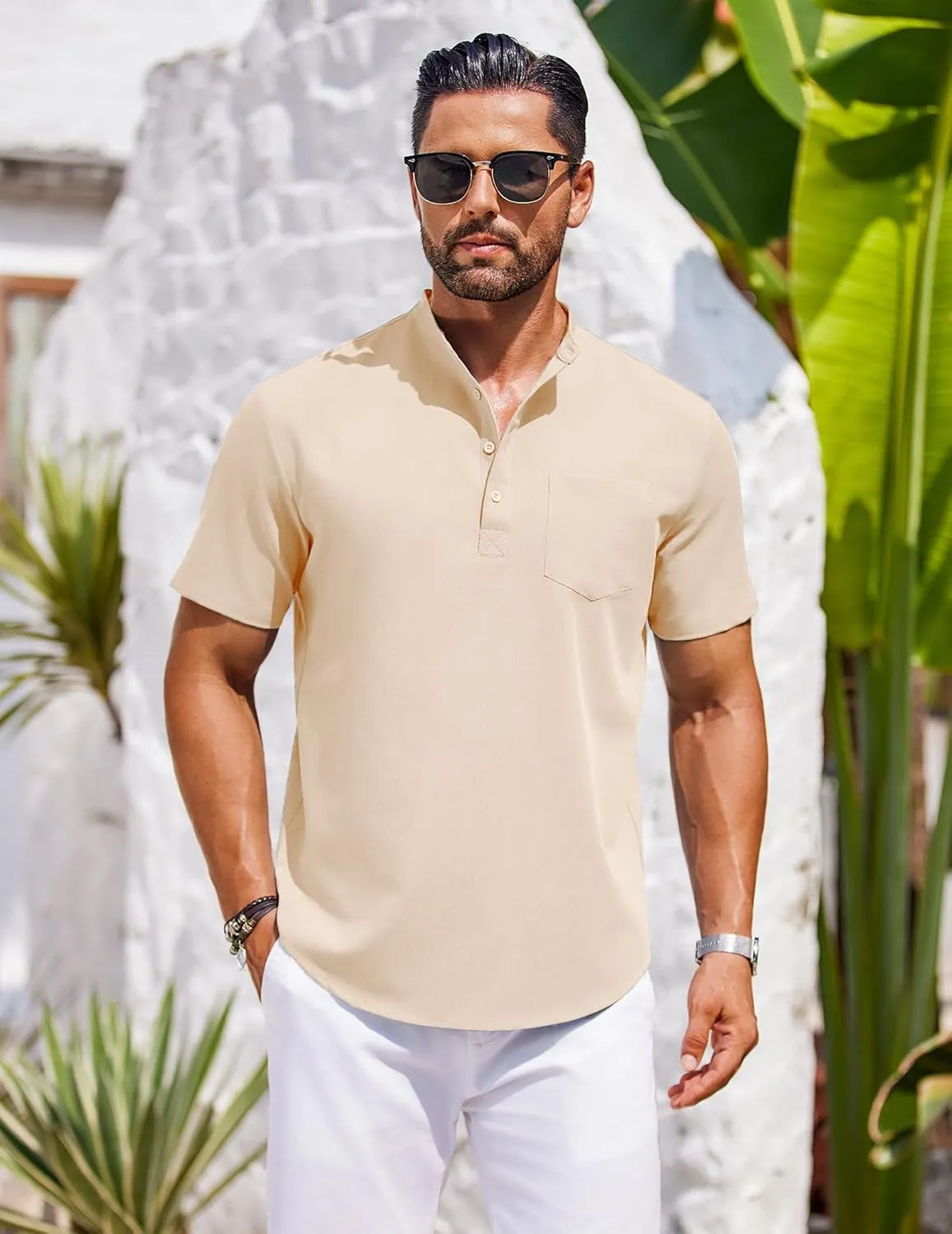 COOFANDY Mens Casual Henley Shirts Band Collar Short Sleeve T-Shirts Summer Stylish Beach Hippie Shirt