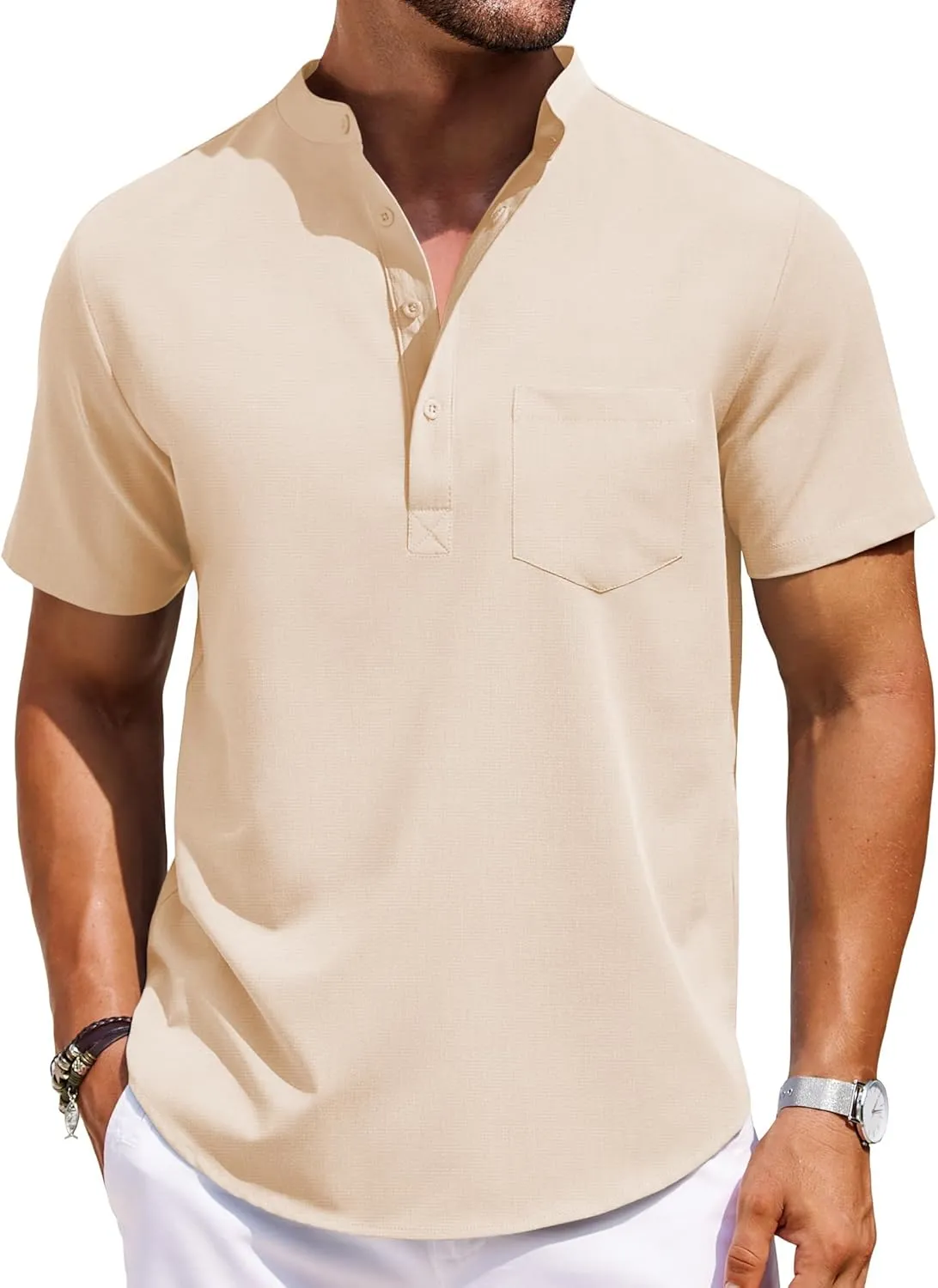 COOFANDY Mens Casual Henley Shirts Band Collar Short Sleeve T-Shirts Summer Stylish Beach Hippie Shirt