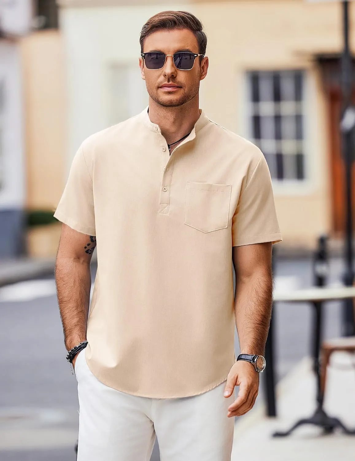 COOFANDY Mens Casual Henley Shirts Band Collar Short Sleeve T-Shirts Summer Stylish Beach Hippie Shirt