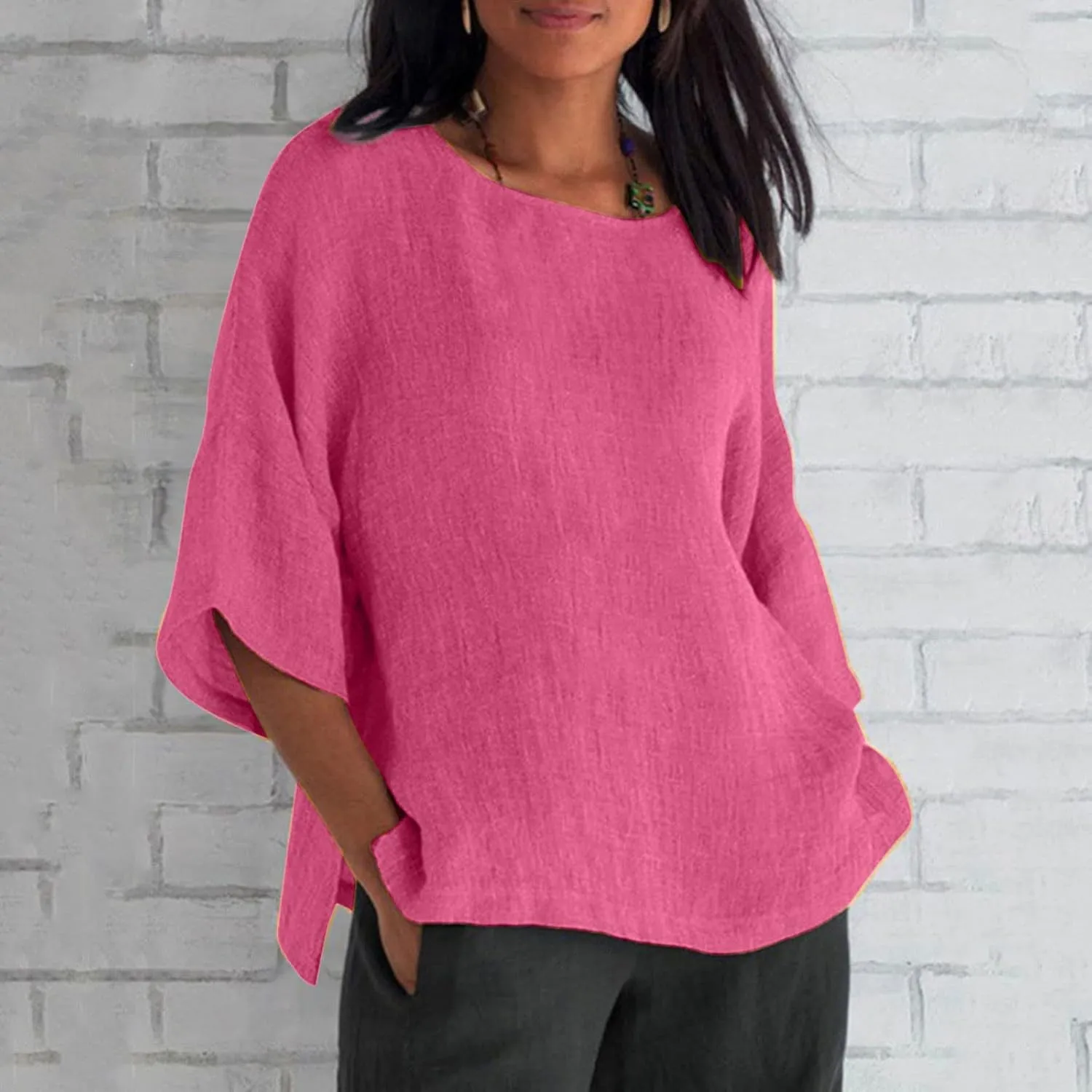 Crewneck Linen Tops for Women 2025 Summer Casual T Shirts Loose Short Sleeve Cotton and Linen Blouses Tee