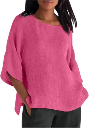 Crewneck Linen Tops for Women 2025 Summer Casual T Shirts Loose Short Sleeve Cotton and Linen Blouses Tee
