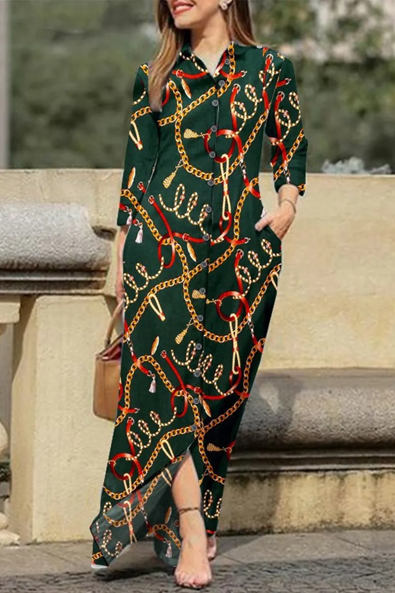 Flytonn- Casual Print Pocket Turndown Collar Shirt Dress Dresses