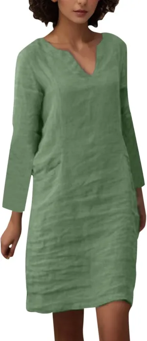 Linen Dresses for Women 2025 Trendy Lightweight Long Sleeve V Neck Midi Dress Cocktail Party Slim 80S Outfit for Ladies
