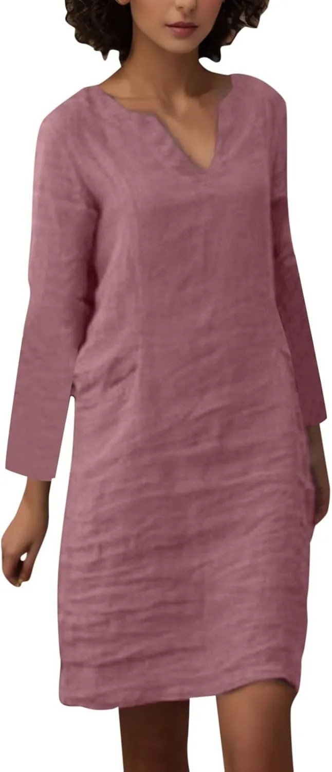 Linen Dresses for Women 2025 Trendy Lightweight Long Sleeve V Neck Midi Dress Cocktail Party Slim 80S Outfit for Ladies