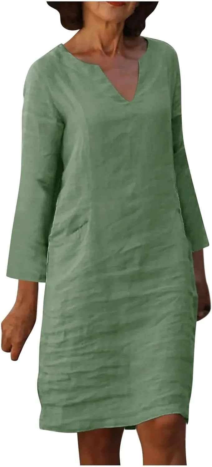 Linen Dresses for Women 2025 Trendy Lightweight Long Sleeve V Neck Midi Dress Cocktail Party Slim 80S Outfit for Ladies