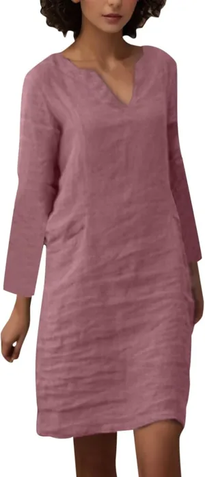 Linen Dresses for Women 2025 Trendy Lightweight Long Sleeve V Neck Midi Dress Cocktail Party Slim 80S Outfit for Ladies