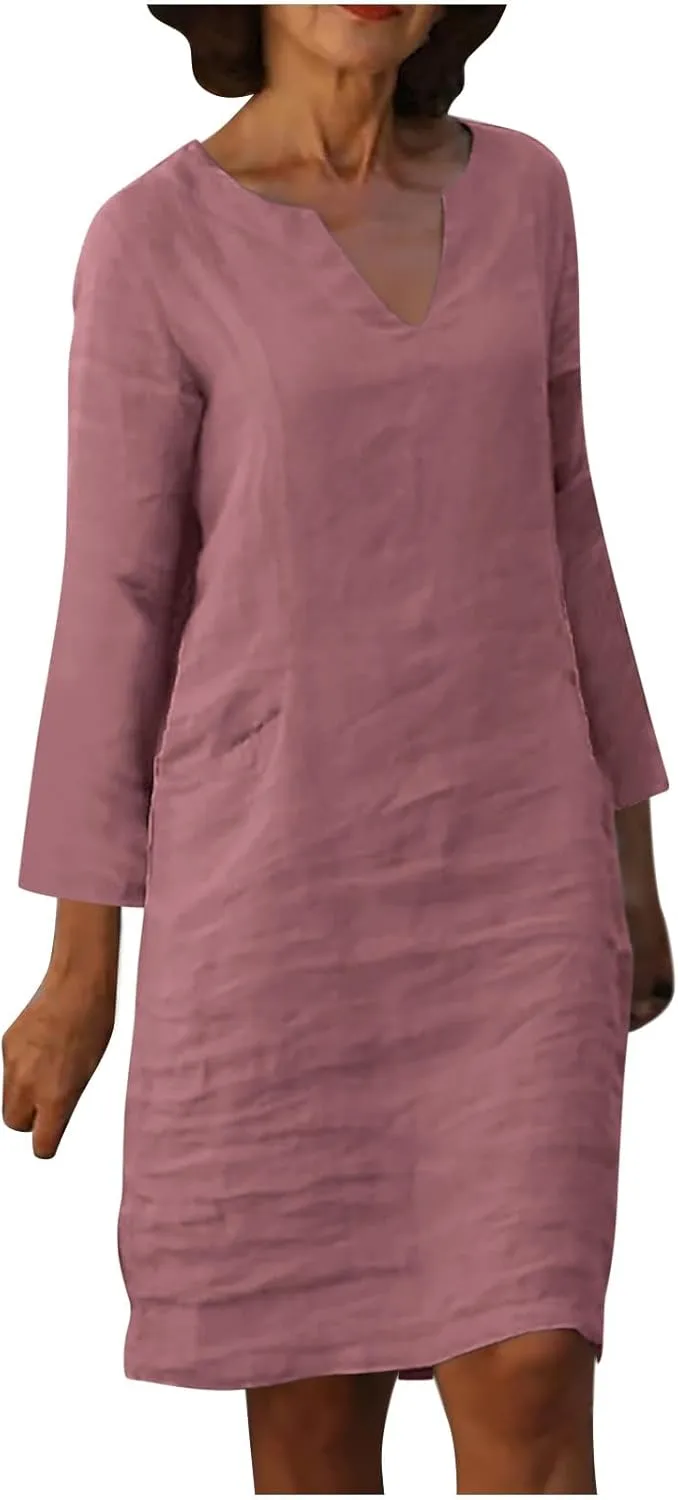 Linen Dresses for Women 2025 Trendy Lightweight Long Sleeve V Neck Midi Dress Cocktail Party Slim 80S Outfit for Ladies