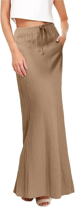 Linen Maxi Skirts for Women Summer Spring Flowy Drawstring Waist A Line Skirt Boho Vacation Casual Cute Long Dress