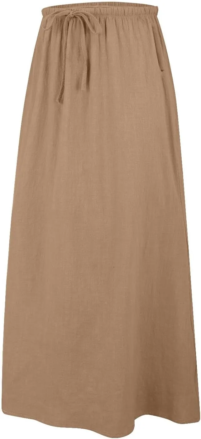 Linen Maxi Skirts for Women Summer Spring Flowy Drawstring Waist A Line Skirt Boho Vacation Casual Cute Long Dress