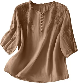Linen Tops for Women Embroidered Graphic Print T-Shirt Solid Color Short Sleeve Summer Tops Crew Neck Button up Shirt