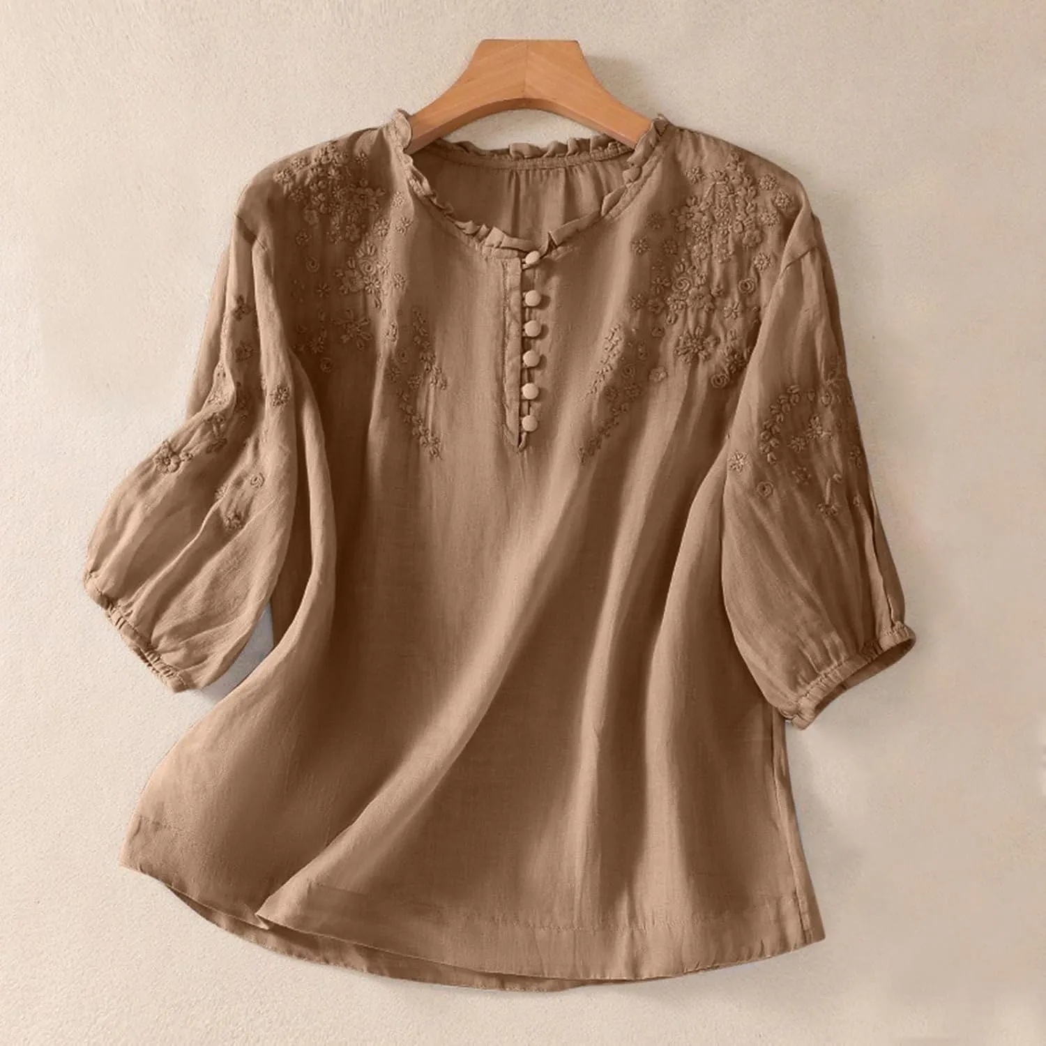 Linen Tops for Women Embroidered Graphic Print T-Shirt Solid Color Short Sleeve Summer Tops Crew Neck Button up Shirt