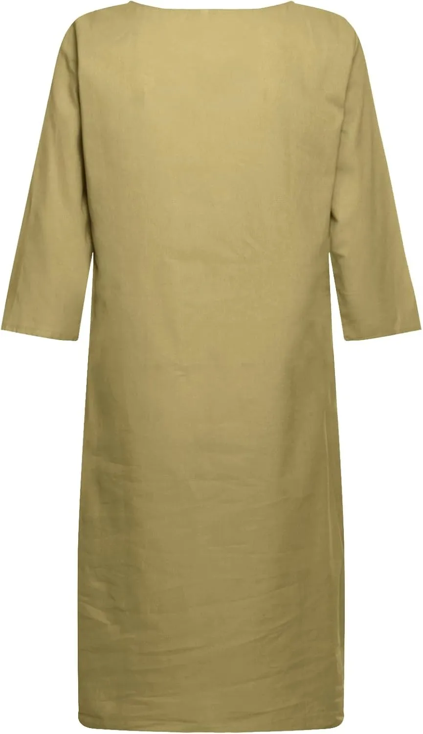 Linen Tunic Dress Women Classy Vacation V Neck Half Sleeve Midi Length Spring Wedding Guest Dress Church Outfits for Ladies