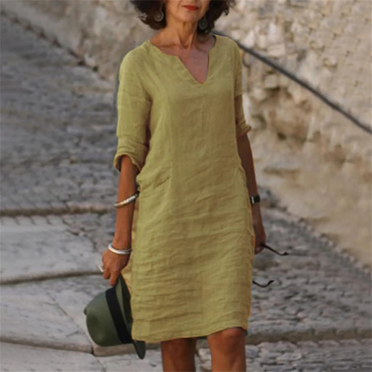 Linen Tunic Dress Women Classy Vacation V Neck Half Sleeve Midi Length Spring Wedding Guest Dress Church Outfits for Ladies