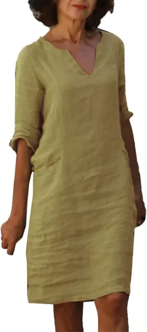Linen Tunic Dress Women Classy Vacation V Neck Half Sleeve Midi Length Spring Wedding Guest Dress Church Outfits for Ladies