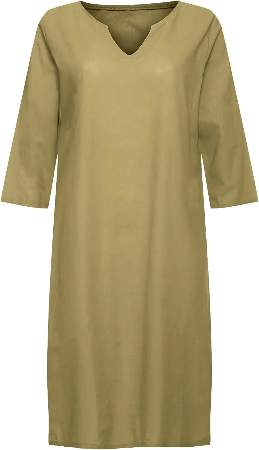 Linen Tunic Dress Women Classy Vacation V Neck Half Sleeve Midi Length Spring Wedding Guest Dress Church Outfits for Ladies