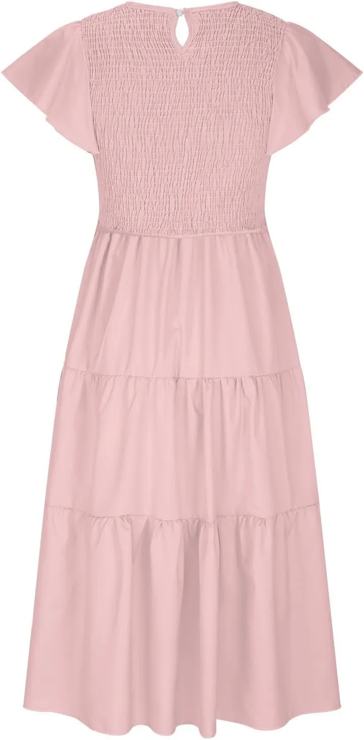 Long Flowy Dress for Women Cap Sleeve Smocked Maxi Dress A Line Wedding Guest Dresses Round Neck Tiered Sundress