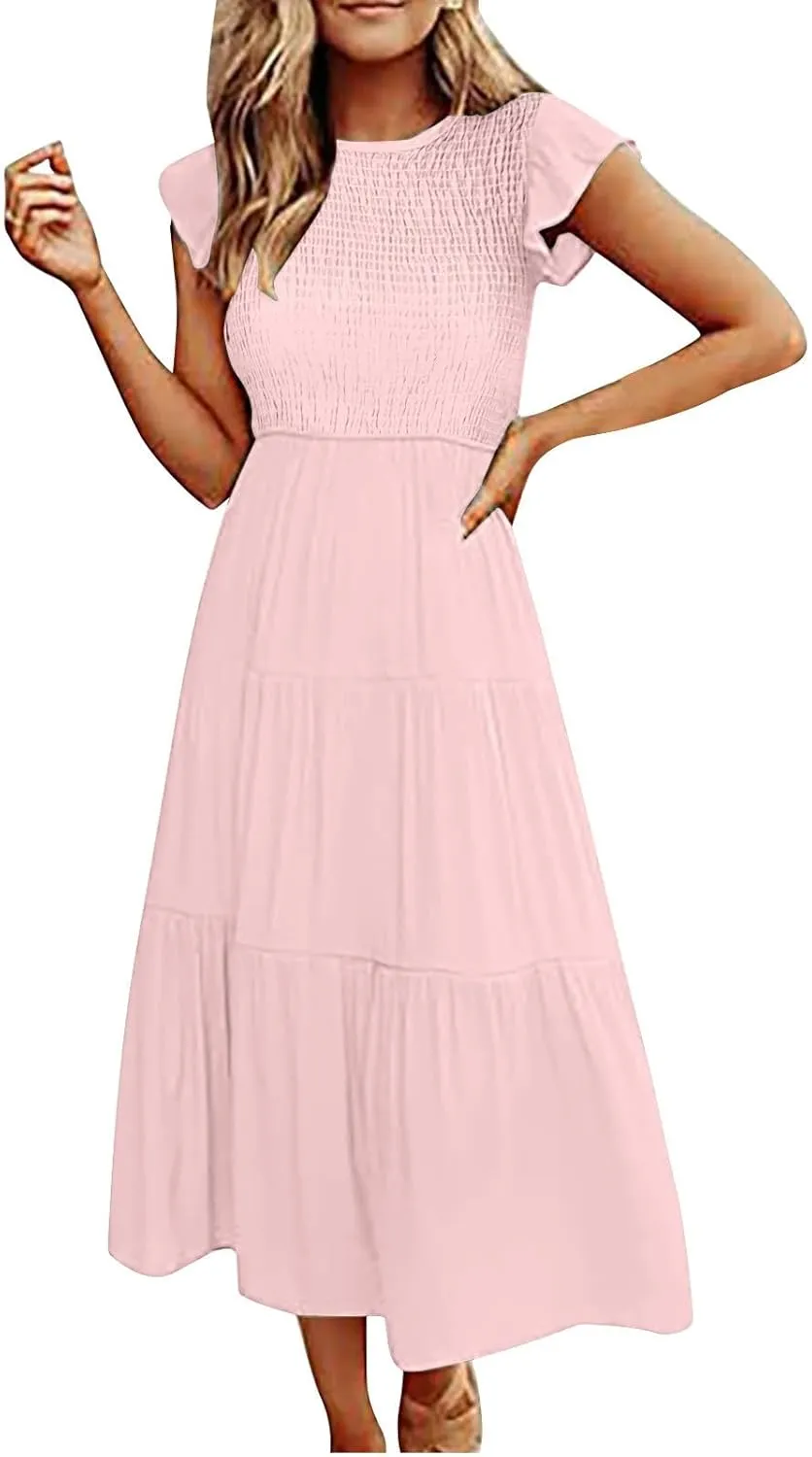 Long Flowy Dress for Women Cap Sleeve Smocked Maxi Dress A Line Wedding Guest Dresses Round Neck Tiered Sundress