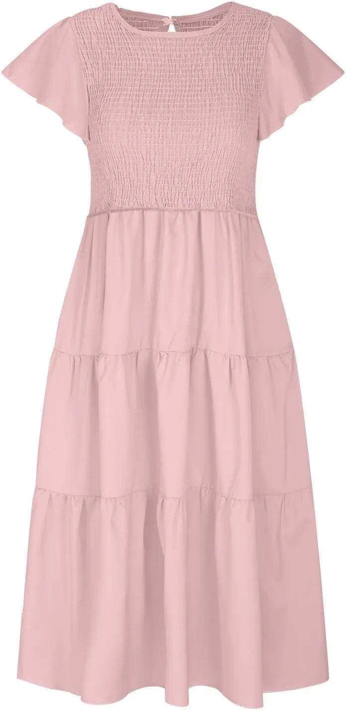 Long Flowy Dress for Women Cap Sleeve Smocked Maxi Dress A Line Wedding Guest Dresses Round Neck Tiered Sundress