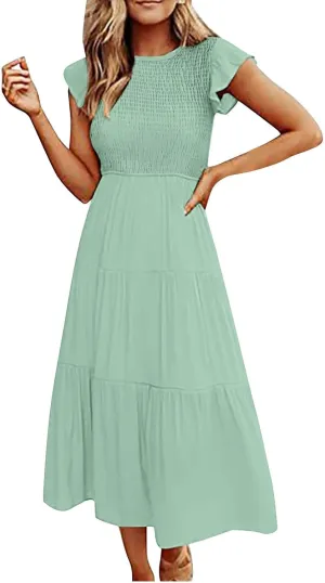 Long Flowy Dress for Women Cap Sleeve Smocked Maxi Dress A Line Wedding Guest Dresses Round Neck Tiered Sundress