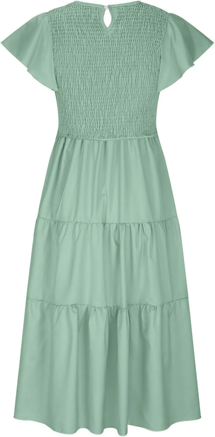 Long Flowy Dress for Women Cap Sleeve Smocked Maxi Dress A Line Wedding Guest Dresses Round Neck Tiered Sundress