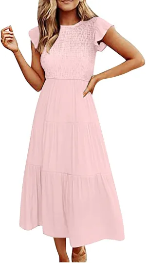 Long Flowy Dress for Women Cap Sleeve Smocked Maxi Dress A Line Wedding Guest Dresses Round Neck Tiered Sundress