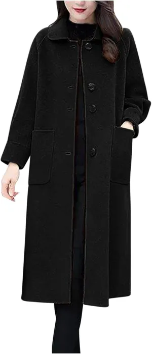 Long Wool Coat Women Cozy Blend Single-Breasted Overcoat Classic Lapel Plus Size Long Jacket Lounge Soild Cardigan