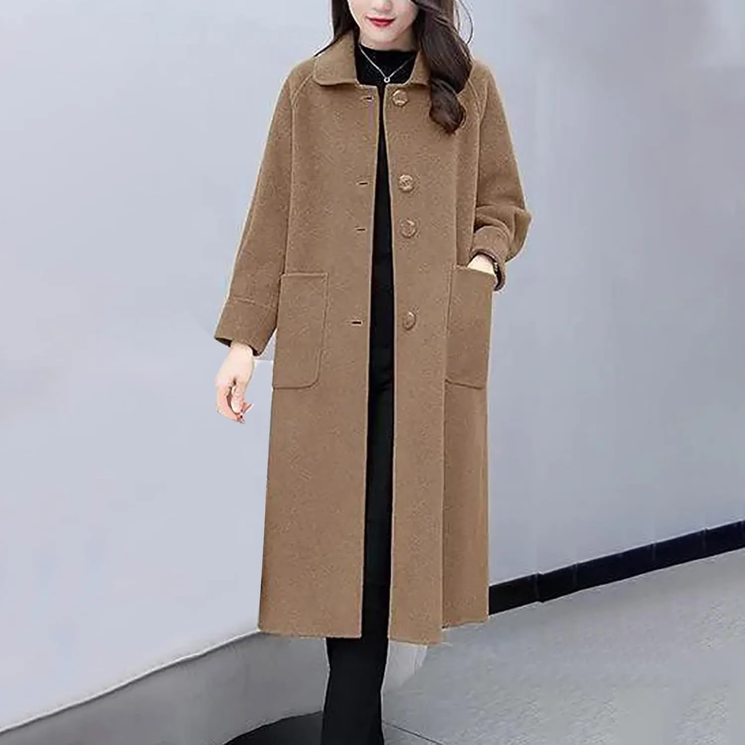 Long Wool Coat Women Cozy Blend Single-Breasted Overcoat Classic Lapel Plus Size Long Jacket Lounge Soild Cardigan