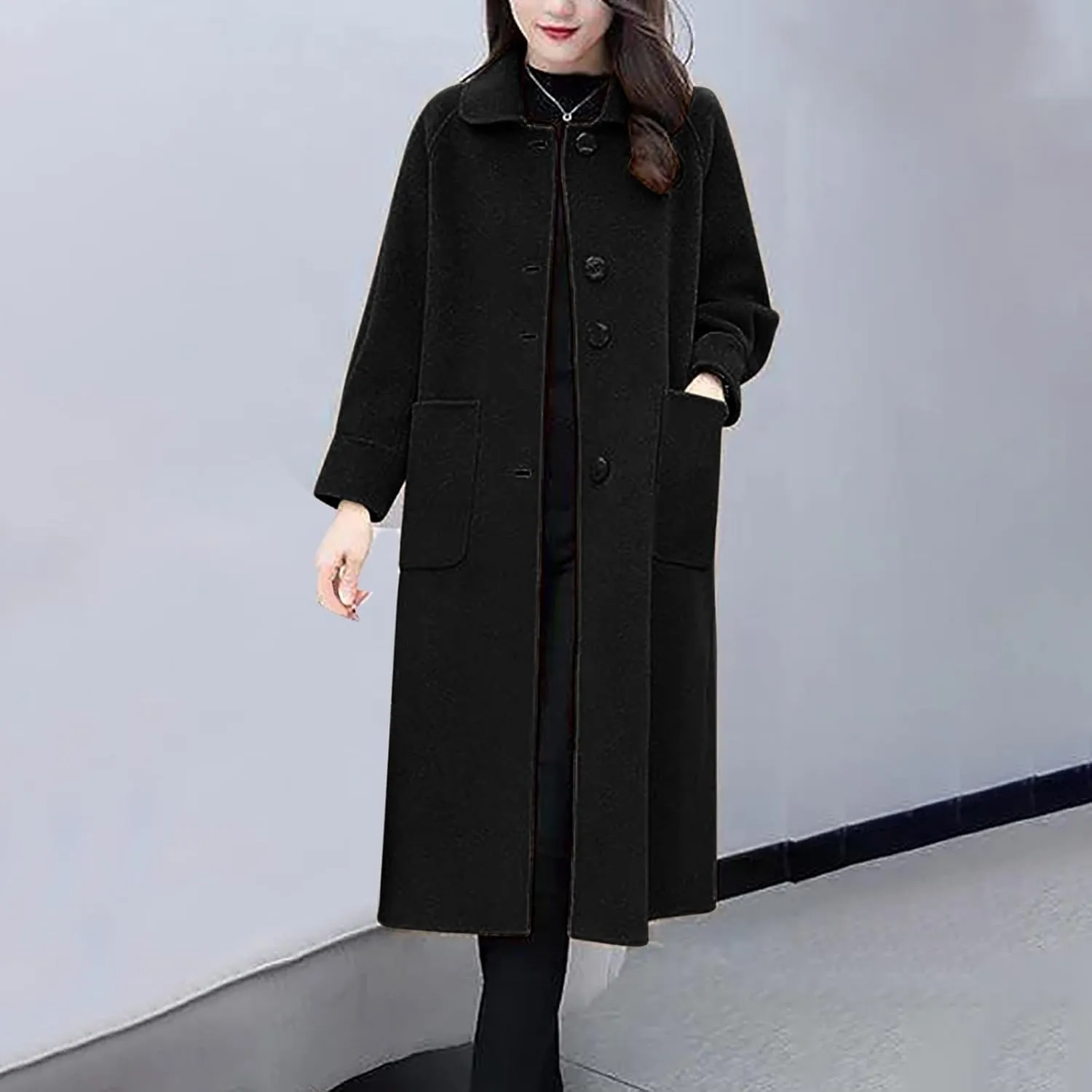 Long Wool Coat Women Cozy Blend Single-Breasted Overcoat Classic Lapel Plus Size Long Jacket Lounge Soild Cardigan