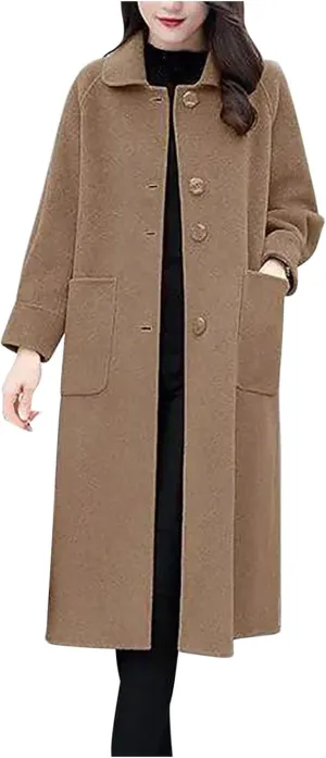 Long Wool Coat Women Cozy Blend Single-Breasted Overcoat Classic Lapel Plus Size Long Jacket Lounge Soild Cardigan