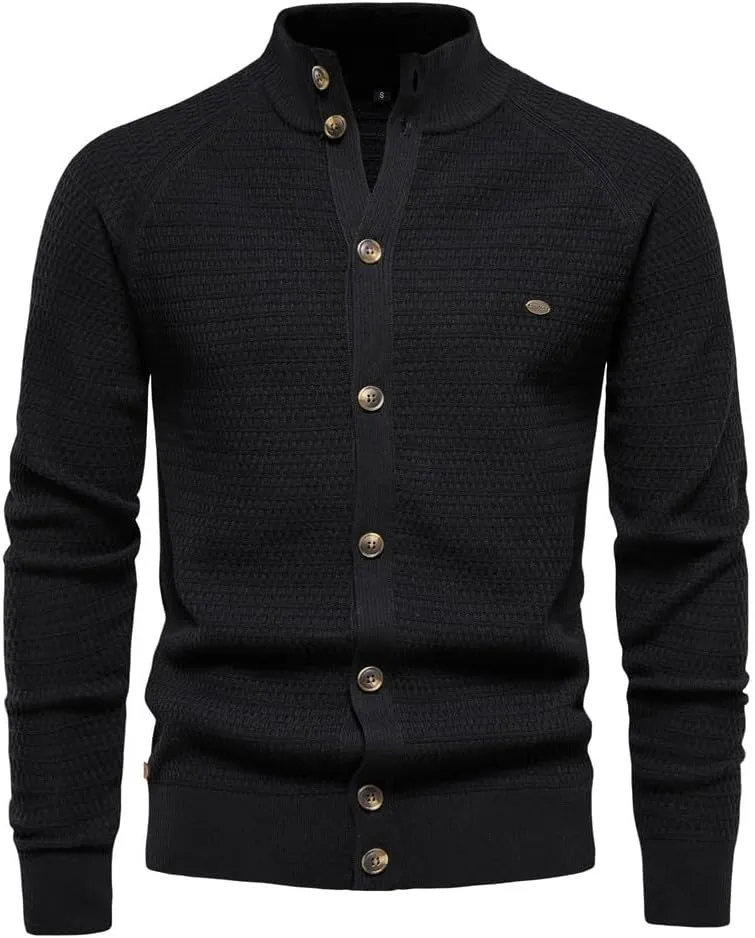 Mens Cardigan Sweater Casual Long Sleeve Mock Neck Button Down Knitted Cardigan Sweaters Jacket with Pockets