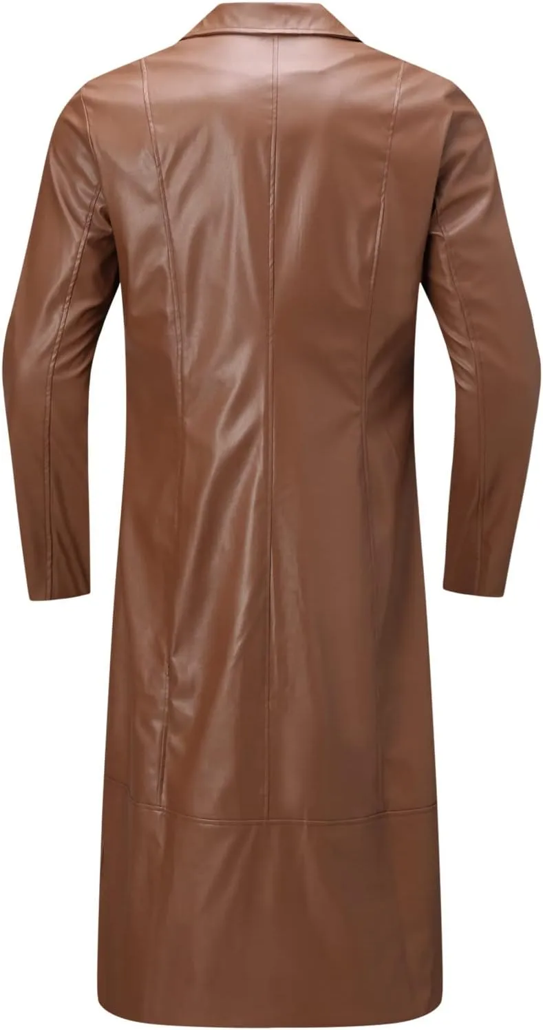Mens Leather Trench Coat Full Length Vintage Classic Faux Leather Long Leather Motorcycle Jacket Overcoat Windbreaker