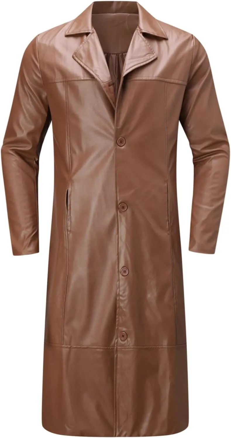 Mens Leather Trench Coat Full Length Vintage Classic Faux Leather Long Leather Motorcycle Jacket Overcoat Windbreaker