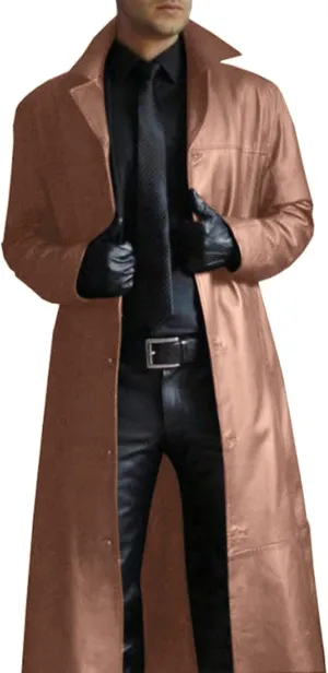 Mens Leather Trench Coat Full Length Vintage Classic Faux Leather Long Leather Motorcycle Jacket Overcoat Windbreaker