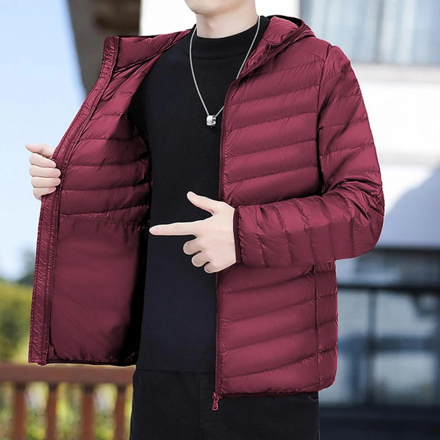 Mens Packable Lightweight Puffy Hooded Winter Coat Windproof Zipper Down Jacket Down Puffer Jacket with Hood